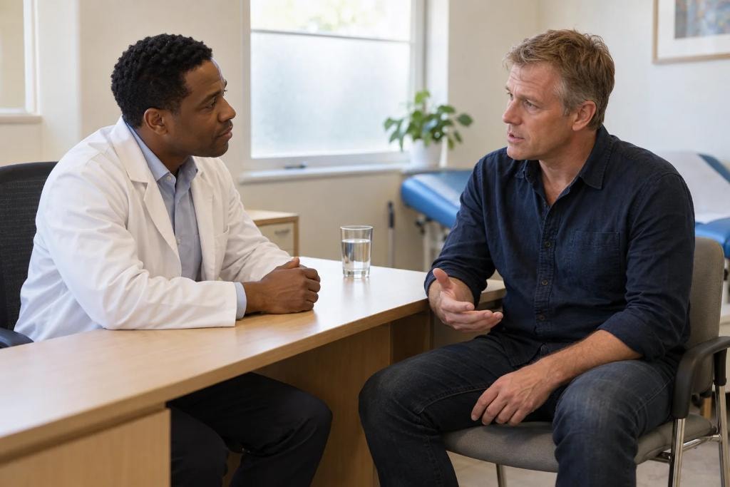 A male medical professional in a white coat speaks with a male patient in a private consultation room