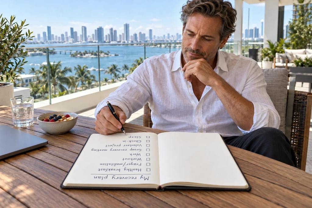 Man writing in a recovery planner on a penthouse terrace overlooking the water