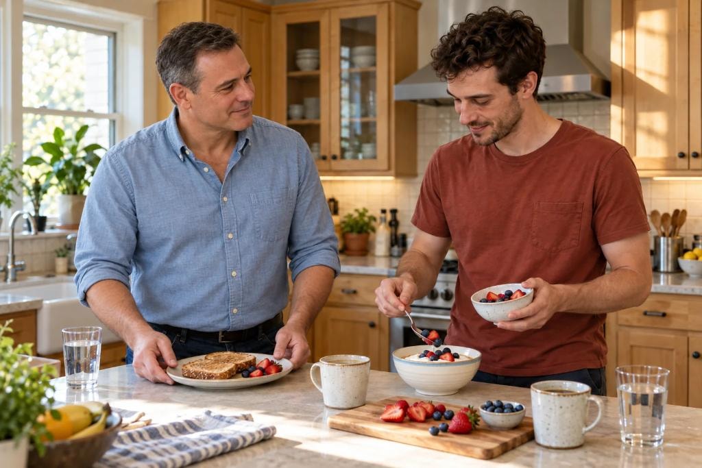 Two men prepare a fresh breakfast together in a sunny home kitchen