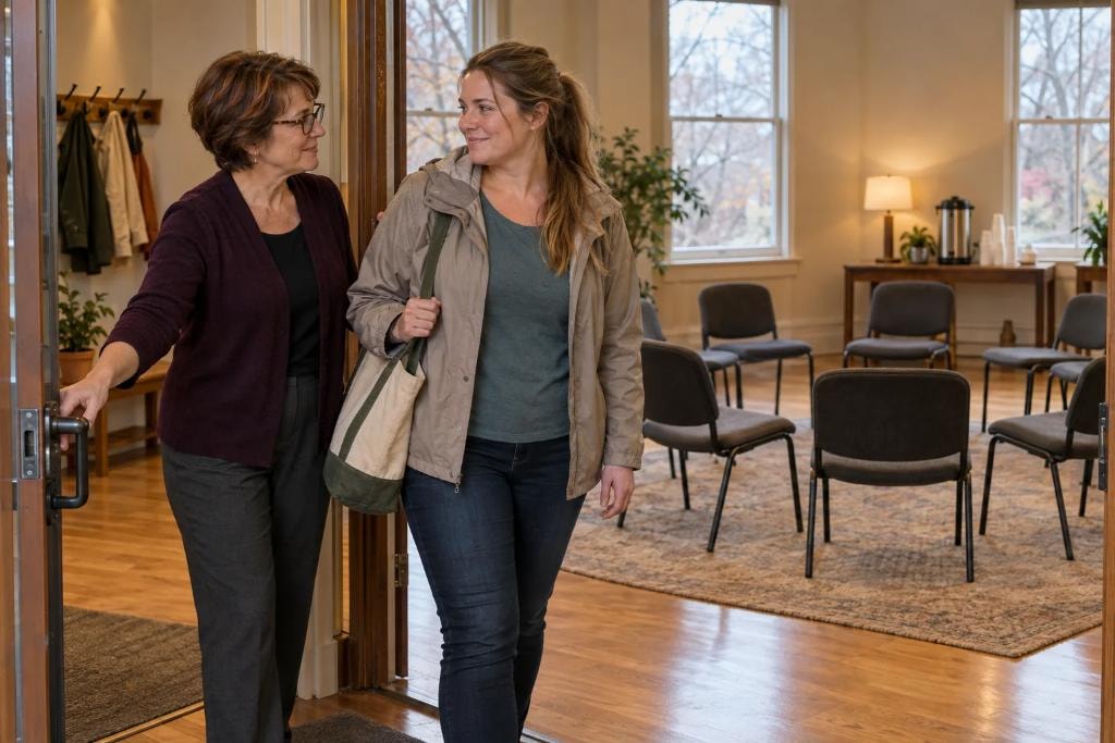 Two women arrive at an open doorway to a recovery meeting room with a circle of empty chairs