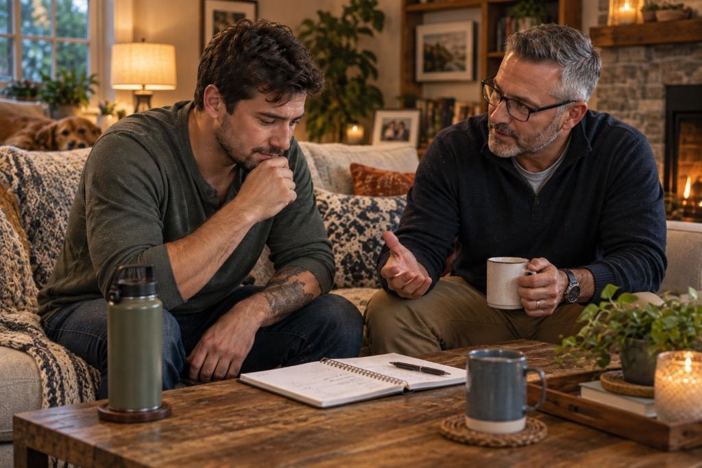 Sober coach and client in deep conversation in a warm living room setting