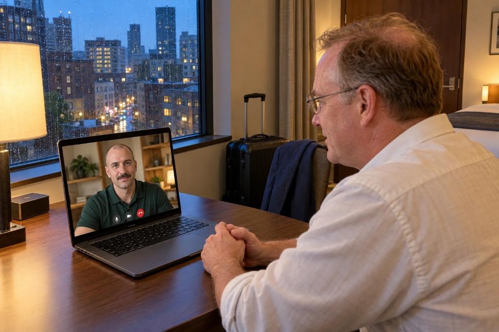 A male traveler speaks with a male coach on his laptop in a private hotel room beside a rain-streaked city window