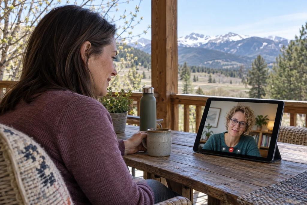 A woman on a sheltered rural porch speaks with a female coach shown on a tablet, with mountains beyond the porch