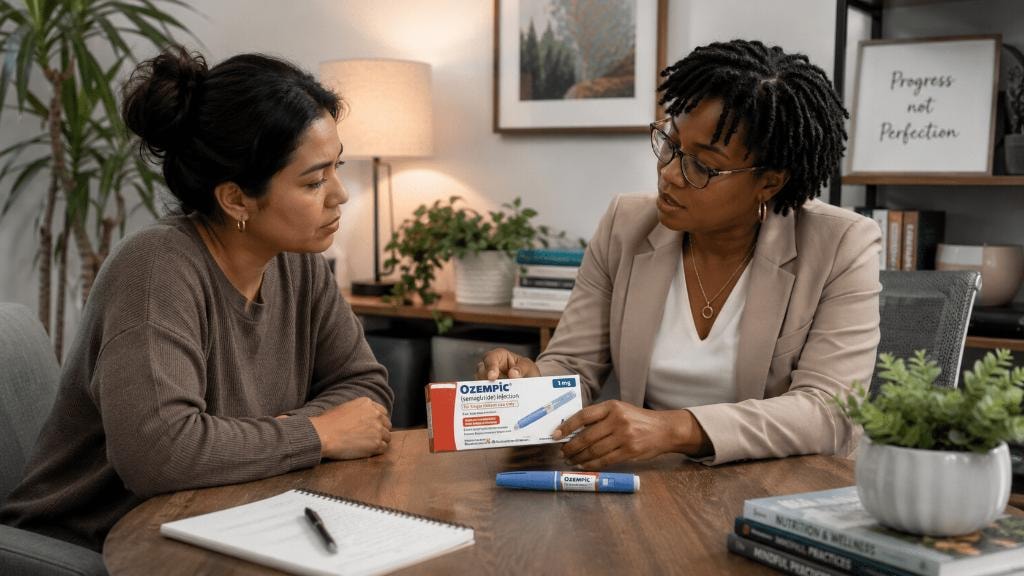 Recovery professional discussing medication progress with client