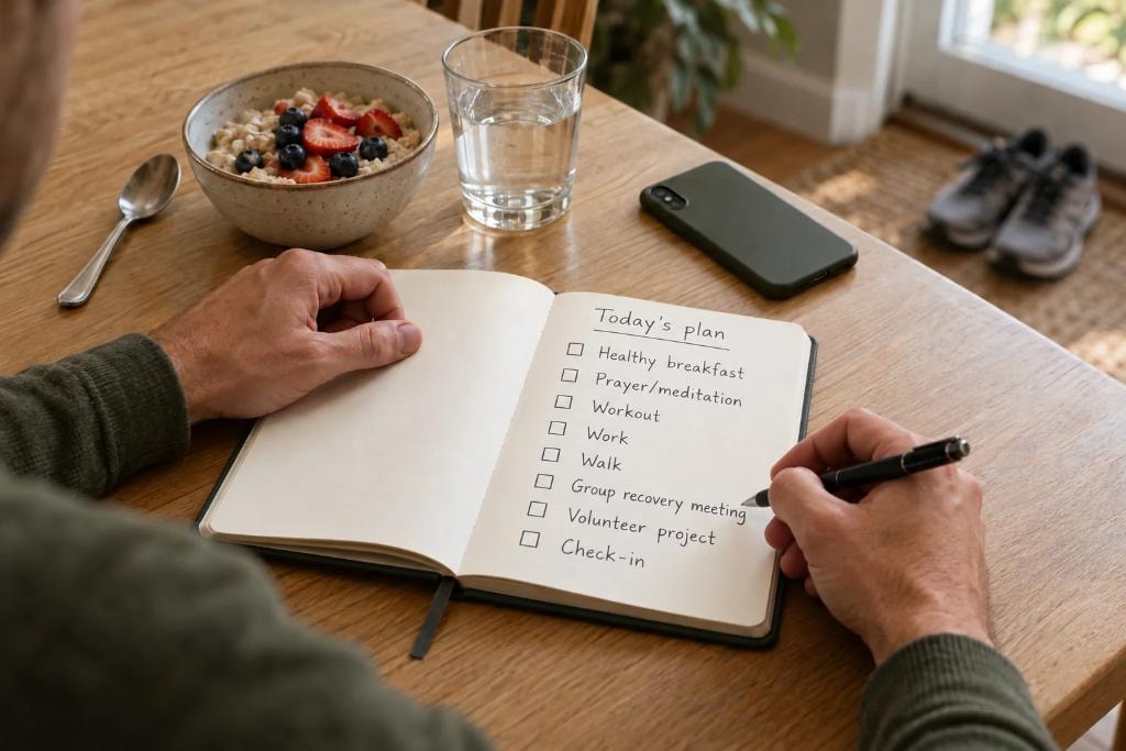 Daily planner with healthy breakfast, prayer/meditation, workout, work, walk, group recovery meeting, volunteer project and check-in