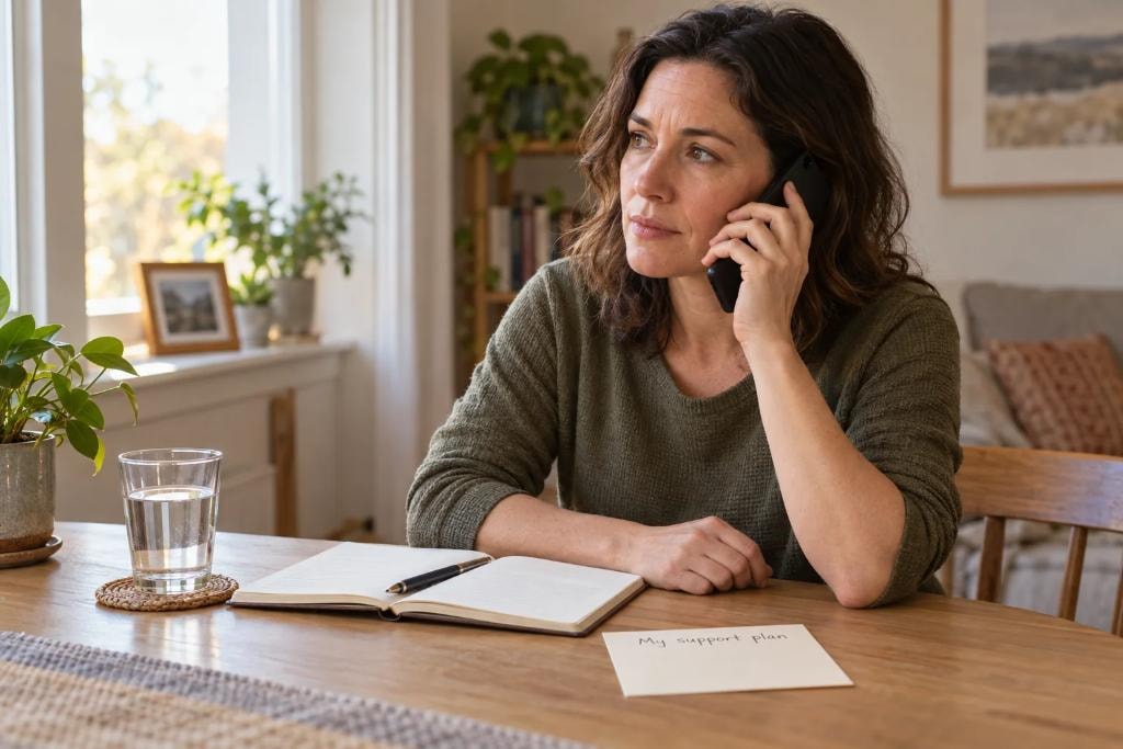 Woman making a phone call beside a notebook and a card labeled "My support plan"