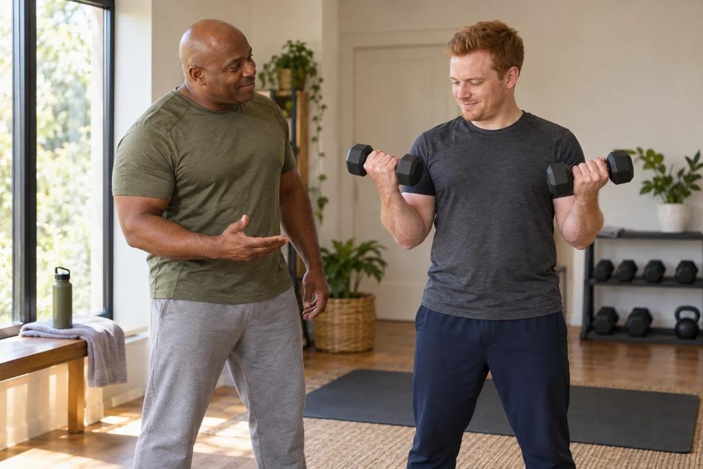 One man performs a light dumbbell exercise while another man offers encouragement nearby