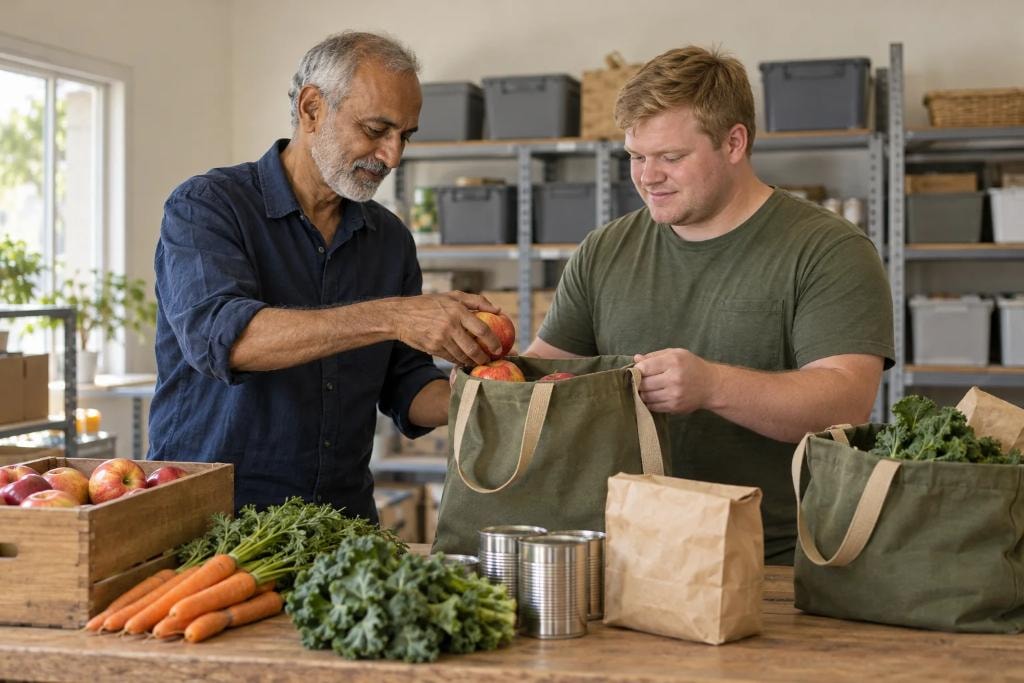 Two men pack grocery bags with fresh produce and pantry staples at a food pantry