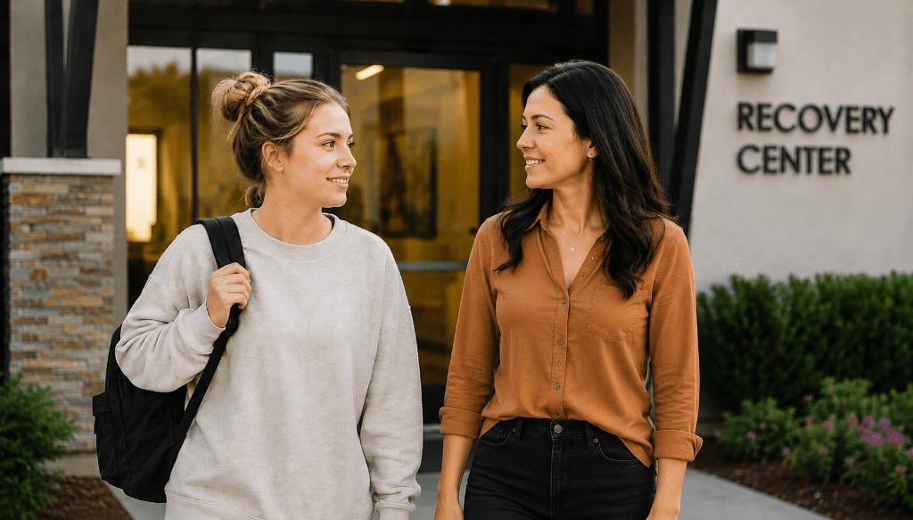 Sober companion walking with client outside recovery center after rehab