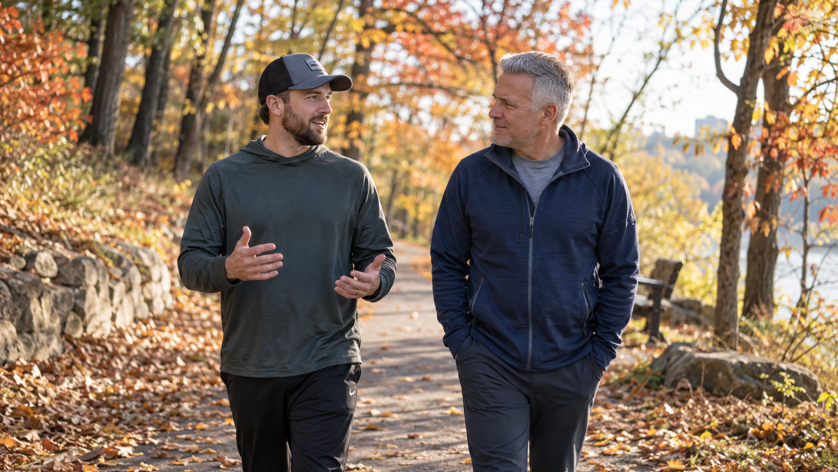 Recovery coach providing one-on-one support during an outdoor fall walk