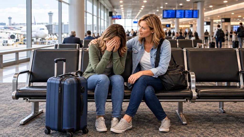 A woman comforts another woman who covers her face while they sit beside luggage in an airport departure lounge