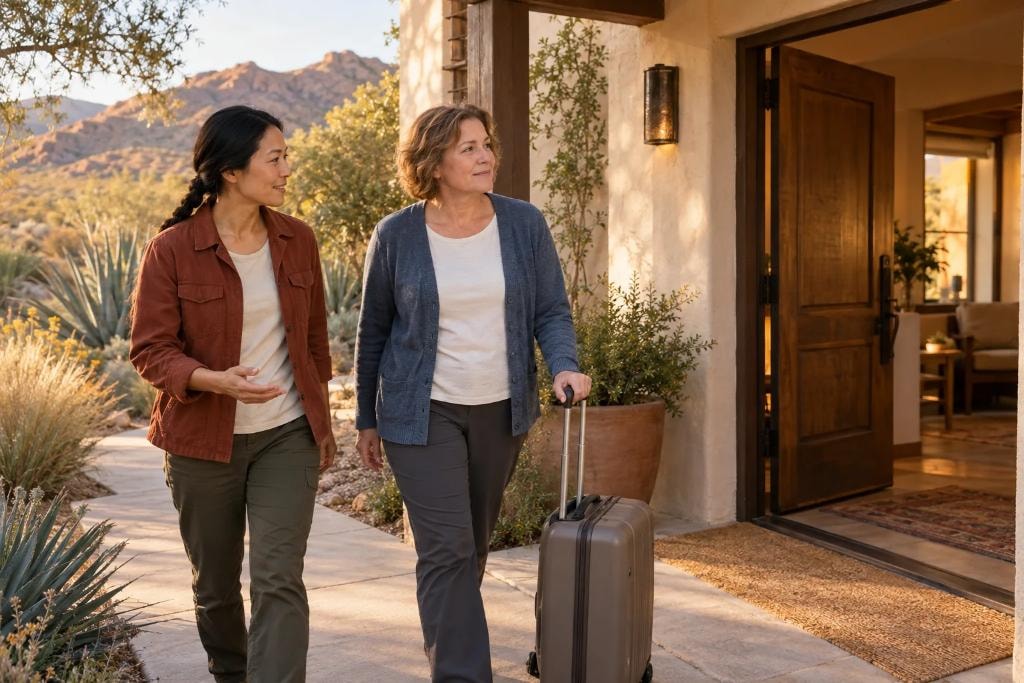 Two women pause outside a southwestern-style residential building, with one holding the handle of a rolling suitcase