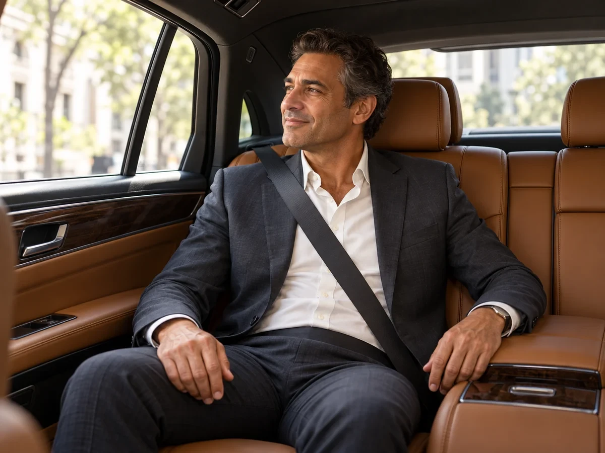 Illustrative scene of a man in a business suit seated in the rear of a luxury car.