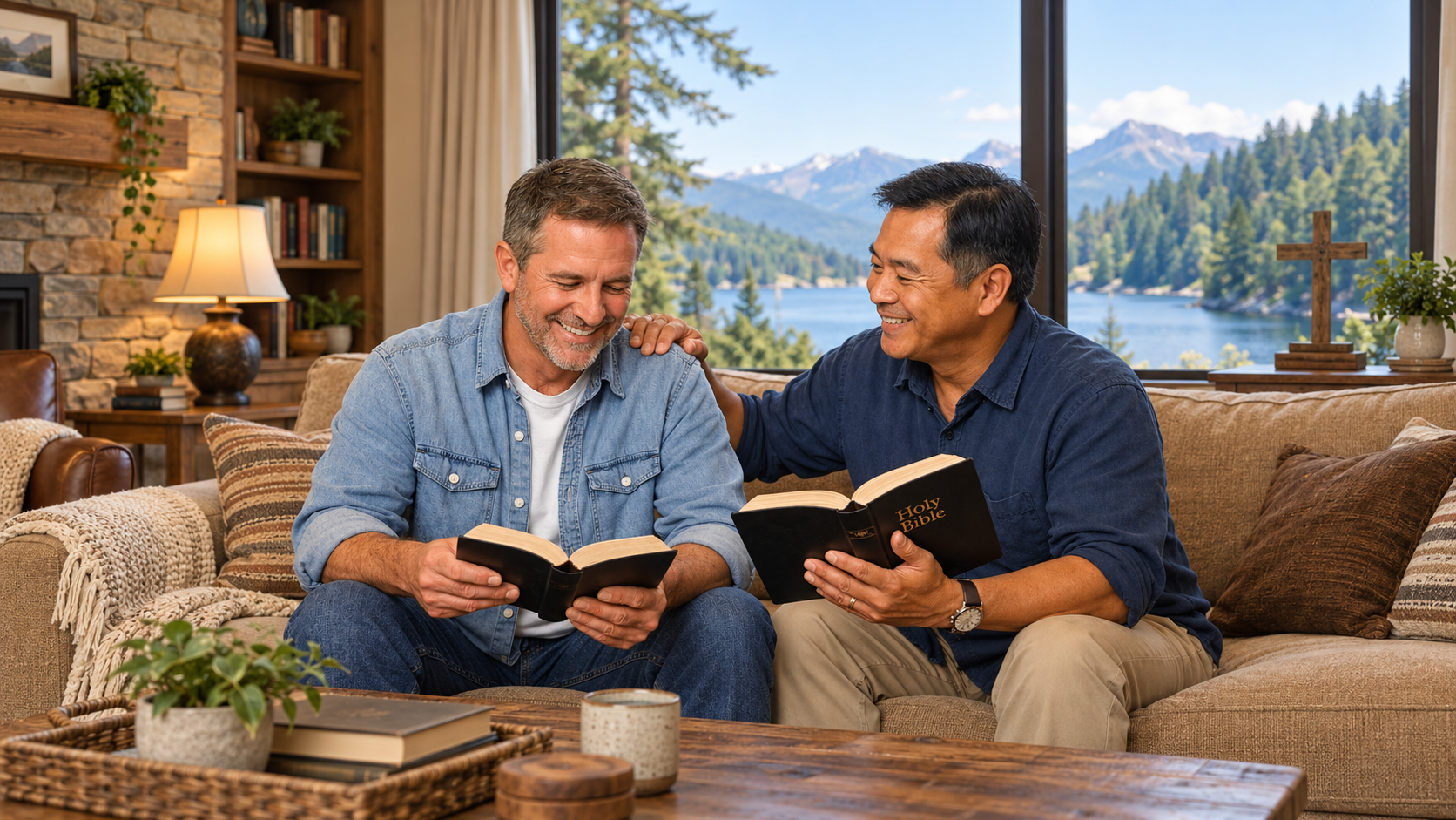 Two men reading the Bible together in a warm living room setting with mountain views