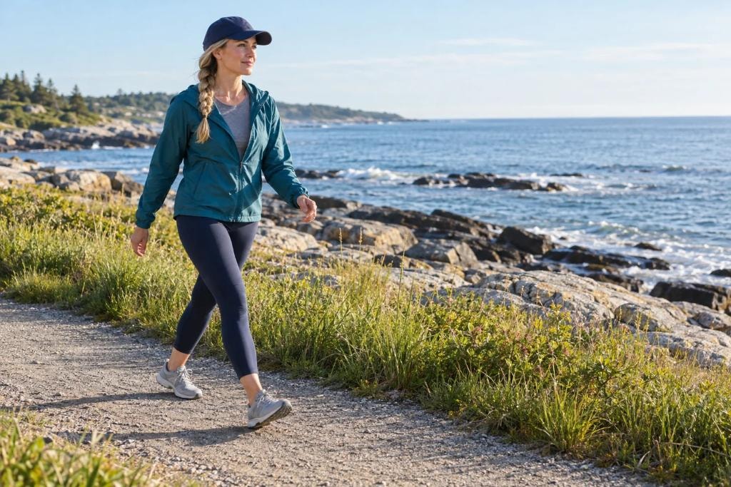 A woman in exercise clothes walks briskly along a coastal path
