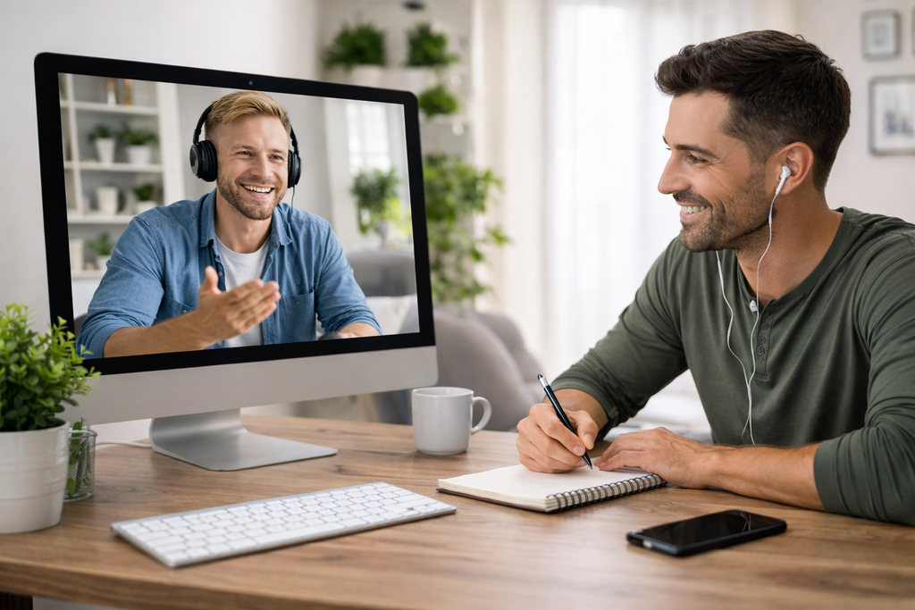 Online recovery coaching session via video call